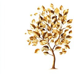 Golden Tree with Shiny Leaves on White Background for Nature Themes
