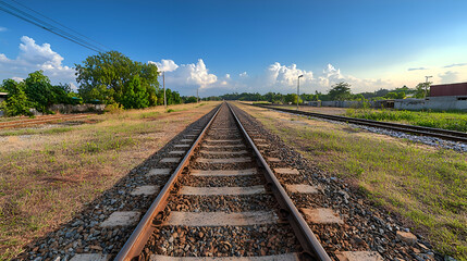 Obraz premium Rural Railroad Tracks Extending to the Horizon Under a Sunny Sky