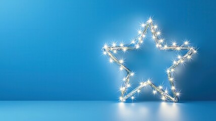 Glowing led christmas star ornament nestling on surface, softly highlighted by warm fairy lights, creating festive holiday ambiance Copy space for text plain blue background