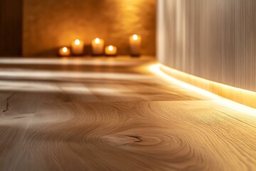 A tranquil scene featuring a wooden floor illuminated by soft candlelight. The warm ambiance creates a calming and inviting atmosphere.