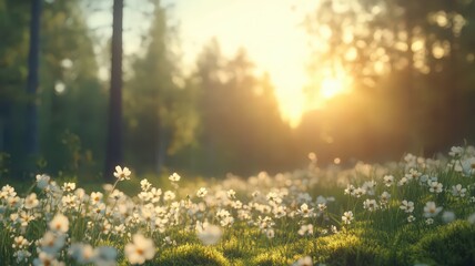 Obraz premium Warm sunset light illuminates a field of white wildflowers in a lush green forest. Soft focus and shallow depth of field create a peaceful