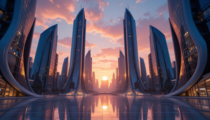 Futuristic Cityscape | Stunning Sci-Fi Skyline at Sunset