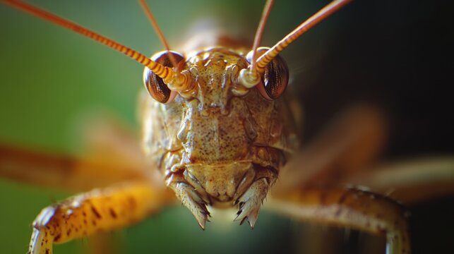 A close-up view of a grasshopper's face, highlighting its features - Powered by Adobe