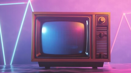 A vintage television set with colorful glowing lights in the background, showcasing a blend of...