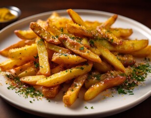 Fotograf&iacute;a de estudio profesional de una elegante plato blanco que contiene patatas fritas crujientes, cuidadosamente sazonadas con deliciosas especias. Las patatas fritas son doradas y crujientes