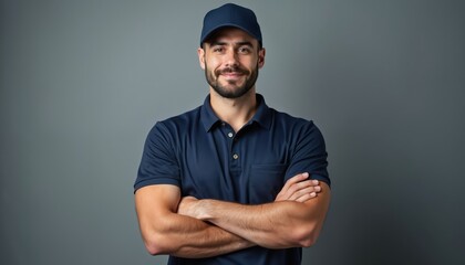 Attractive bearded male worker in navy blue polo and cap stands arms crossed on grey background. Confident service technician delivery driver looking at camera. Portrait of pro employee in uniform.