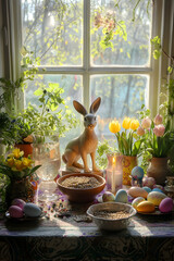A symmetrical Ostara altar with pastel candles, daffodils, tulips, decorated Easter eggs, and a bunny statue. A bowl of seeds, a chalice of honey mead, ivy, and crystals. Wicca, witchcraft, Easter.