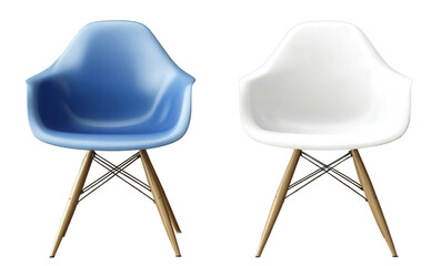 Pair of modern white and blue chairs positioned in a bright indoor space with natural light isolated on transparent background.