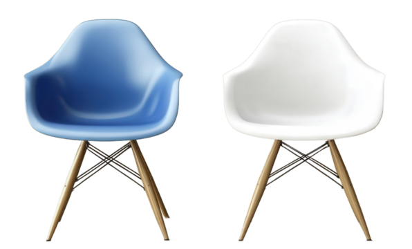 Pair of modern white and blue chairs positioned in a bright indoor space with natural light isolated on transparent background.