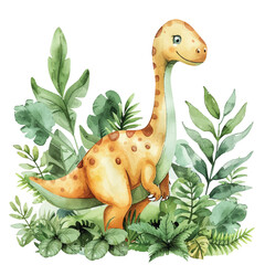 A friendly dinosaur in a lush jungle cartoon style watercolor © siti