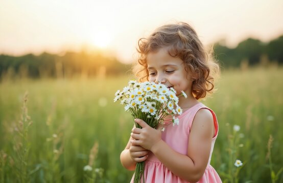 Portrait of cute curly child girl holding bouquet chamomile flowers smelling in summer on a green natural meadow background. Happy little girl enjoys flower scent.