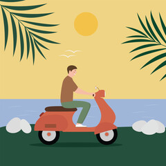 Hello summer card, banner in trendy bright colors with tropical leaves, sea, sun, scooter © talirie.design