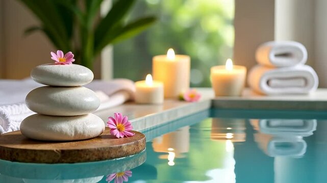 Spa accessories installed in a day spa hotel, health and beauty center. Spa products - towels, candles, stones for stone massage, placed in a luxury spa, villa in Bali