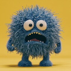 A fluffy blue monster with big eyes looks surprised. 3D rendered character against a yellow background.