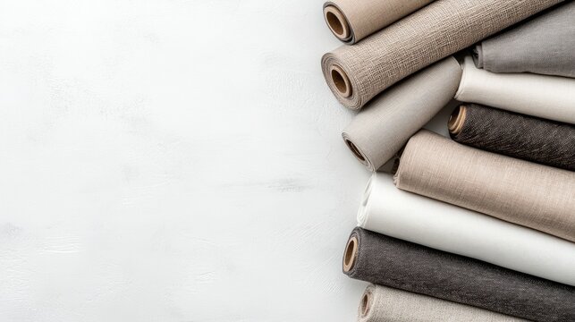 Collection of rolled fabrics in neutral tones displayed on a white backdrop, emphasizing soft textures and elegant color contrasts