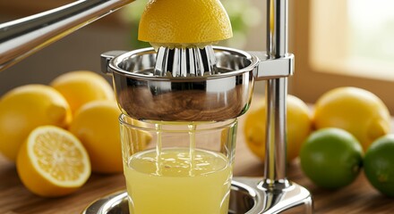 Squeezing Fresh Lemon Juice into Glass using Metal Citrus Juicer