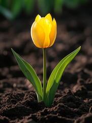 Obraz premium Single Yellow Tulip in Dark Soil - A vibrant yellow tulip emerges from dark soil, symbolizing growth, hope, spring, resilience, and new beginnings
