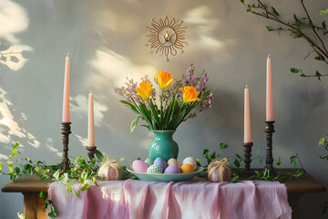 A symmetrical Ostara altar with pastel candles, painted eggs, daffodils, tulips, ivy, and crystals (amethyst, rose quartz, citrine). Herbal pouches, a sun and moon motif on the wall, and sunlight stre