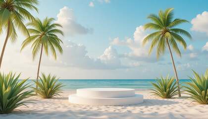 Obraz premium Tropical Beach Product Display Podium with Palm Trees & Ocean View - Summer Paradise Background