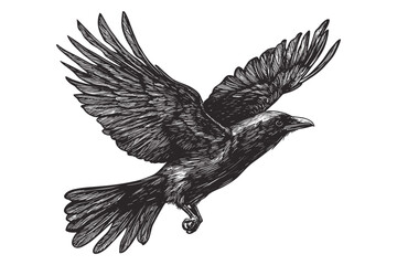 Wildlife print featuring hand-drawn raven, vintage illustration, black sketch effect, old engraving style, trendy bird art, nature decor, rustic background, animal drawing.