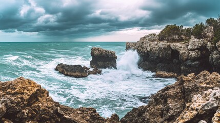 Obraz premium Rugged Coastal Landscape with Stormy Skies and Turbulent Waves