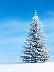 Snow Covered Evergreen in Winter Landscape - A majestic evergreen tree, covered in pristine snow, stands alone against a clear blue winter sky. Perfect for holiday or winter themes