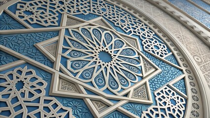 An intricate Arabic ornament with geometric patterns in blue and silver tones, highlighting Islamic art.
