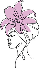 Afro woman with lily flowers decorative head line drawing. 