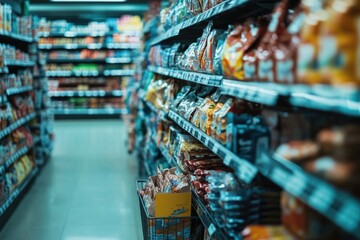 Fototapeta premium Fresh produce and packaged goods fill this well-stocked grocery store aisle