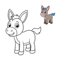 A fun donkey coloring page featuring a cute donkey standing in a farm setting. Perfect for kids and adults to enjoy creativity with different colors!