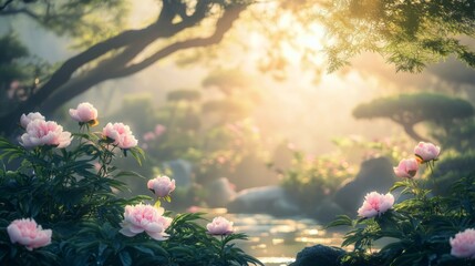 Tranquil morning in a lush garden with blooming peonies and soft sunlight