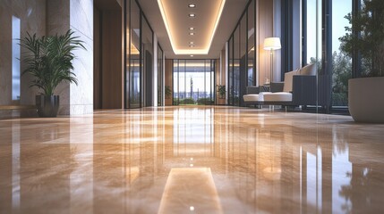 Fototapeta premium A large, open lobby with a long hallway and a few potted plants