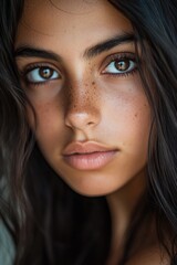 Obraz premium A close-up photo of a woman's face with noticeable freckles, ideal for use in beauty and lifestyle content