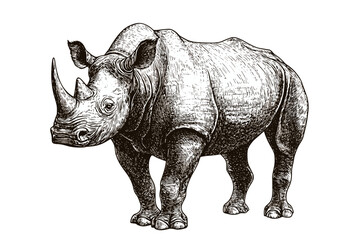 Hand-drawn rhinoceros in vintage art style, endangered species, black sketch effect on white background, trendy wildlife, large animal illustration, vector print design, antique. © Vintage Studio