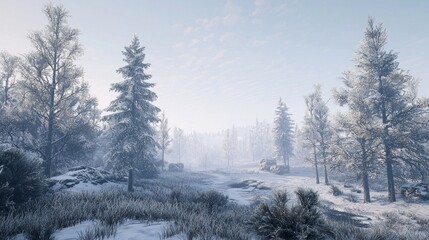 Fototapeta premium Serene Winter Landscape with Frosty Trees and Cloudy Sky in Peaceful Natural Setting
