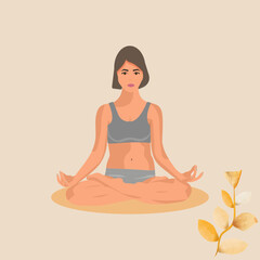 A girl does yoga in the lotus position in the evening