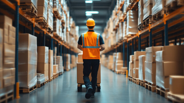 Warehouse Worker Transporting Goods with Hand Truck in Storage Area
