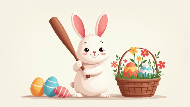 cute bunny holds baseball bat among colorful easter eggs fresh flowers decorative