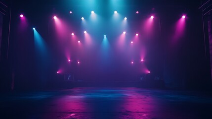 Dark stage with neon spotlights, smoky atmosphere, futuristic concert vibes