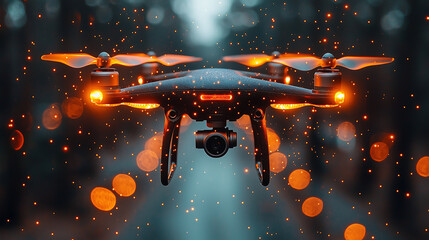 Futuristic drone with glowing lights and high-tech surveillance camera hovering in a cybernetic atmosphere showcasing advanced security monitoring and artificial intelligence in aerial technology