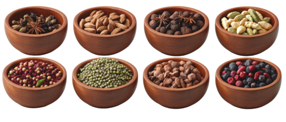 Set of six bowls filled with various types of nuts placed on a wooden table isolated on transparent background..