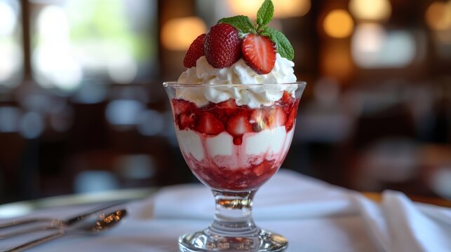 Delicious strawberry parfait with whipped cream and mint garnish in elegant glass