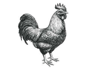 Rooster art in old engraving style, black sketch, wildlife print, vintage illustration, hand-drawn bird, trendy design, rustic decor, country style wall art, farm print