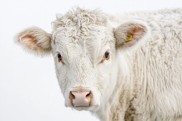 Close-up shot of a white cow with a yellow tag on its ear, suitable for agriculture or farm-themed contexts