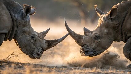 Fototapeta premium Rhino Showdown: A captivating moment of confrontation between two powerful rhinoceroses, their horns locked in an intense display of dominance amidst a cloud of dust and the golden hues of sunrise.