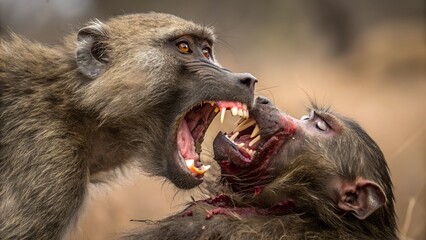 Primate Confrontation: Captivating, high-stakes moment, two baboons locked in a fierce confrontation in the wild, teeth bared in a display of aggression and dominance.