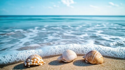 A trio of seashells lying on a sunny beach, perfect for a relaxing day by the ocean