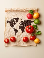 vegetables ingredients food world map, World map made of coffee grounds with colorful vegetables arranged around it.