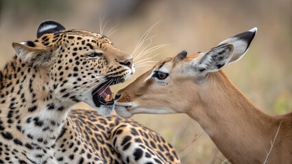 Obraz premium Leopard and Impala: Intense moment captured: a leopard and impala engaged in close proximity, revealing the raw dynamics of survival in their natural environment.