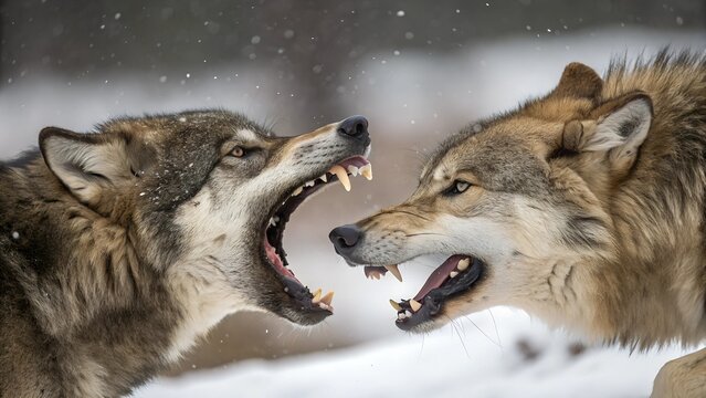 Rivalry of the Wild: A tense standoff unfolds between two formidable wolves, their snarling expressions revealing a primal conflict against a backdrop of a snowy wilderness.